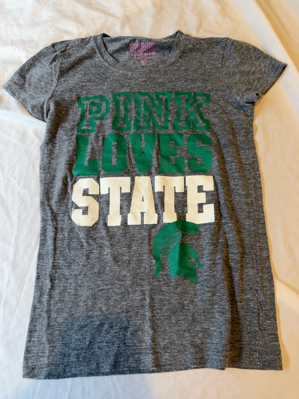 PINK Victoria's Secret Gray Tee with Green and White Lettering